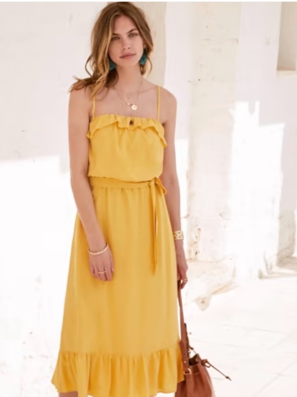 Sezane Cassandra Yellow Ruffle Midi Sundress with Tie 36/4